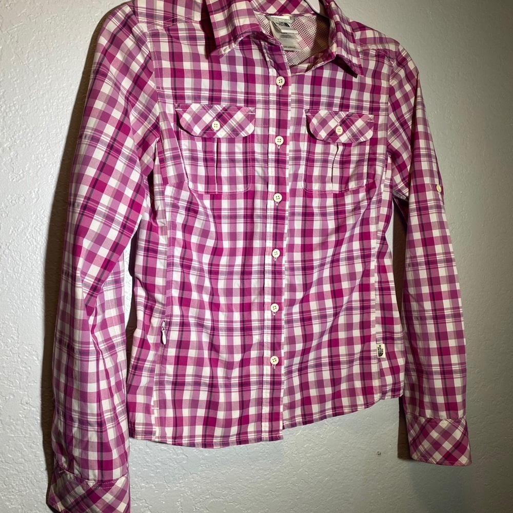 The North Face Plaid  Pink Metalic Shirt Sz XS